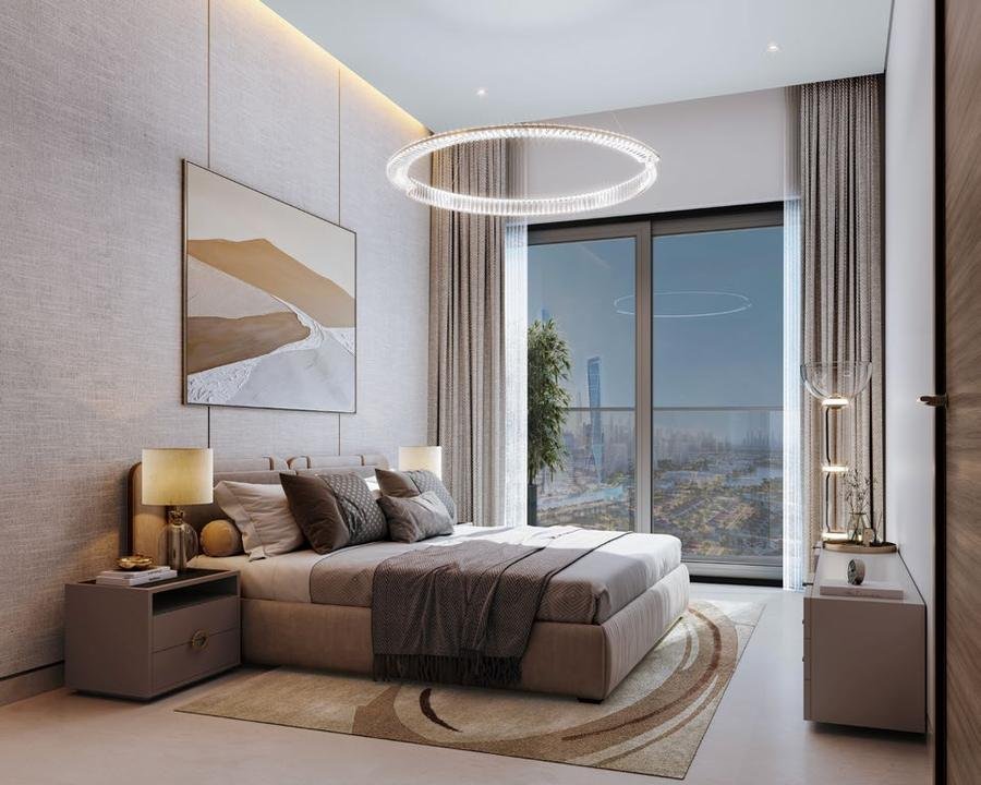 Bedroom in a Sobha Central residence with city views
